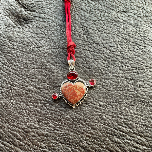 Poppy Jasper Heart Pendant Jewelry Necklace Garnet Accents Red Leather Cord 925 Silver