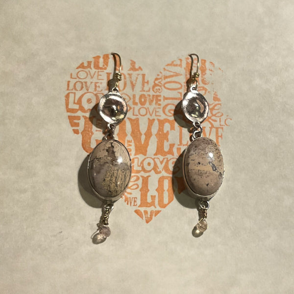 Jasper Dangle Oval Earrings Silver Disc Repurposed Stormie Design