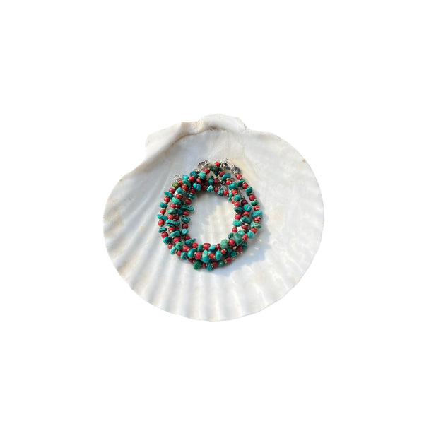 The warmth of red and turquoise is strengths and healing this Turquoise Nugget Beads & Red White Heart Trade Beads Copper Heishi Beaded Bracelet Clasp