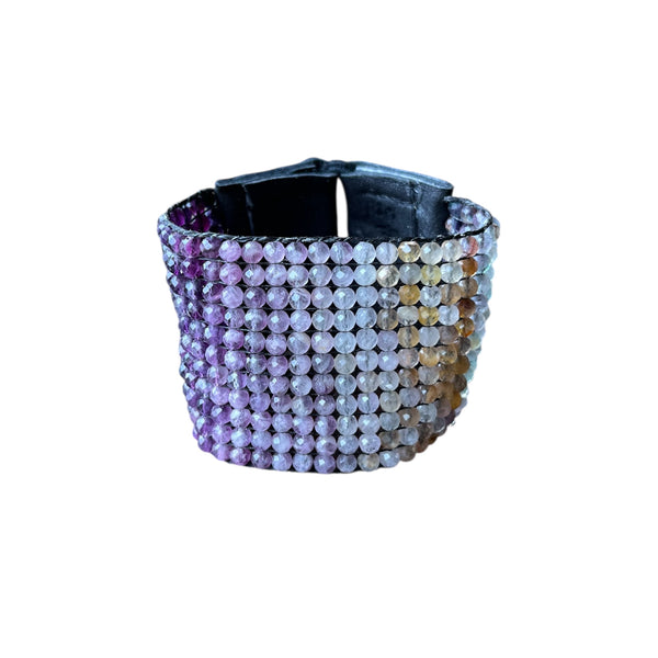 Fluoride Gemstone Hand-beaded Stormie Bracelet with her signature Leather Tie 2 inches wide cuff with Stormie signature tie
