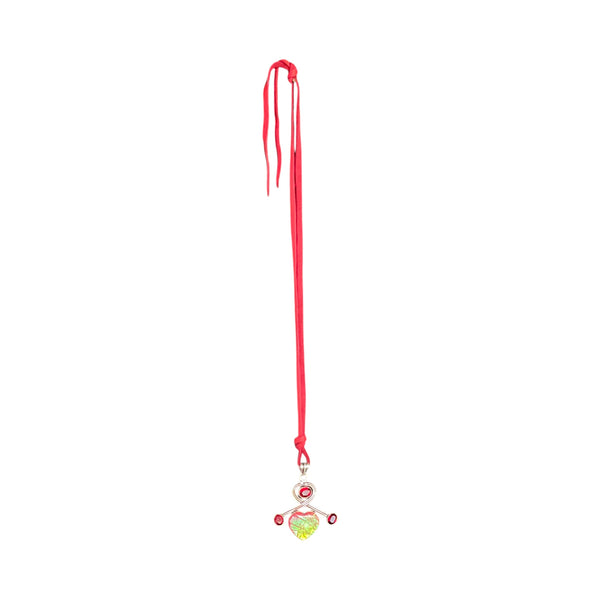 Bright Foil Iridescent PInk and Green Heart Pendant Necklace Garnet Stones and Red Leather Cord