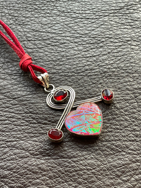 Bright Foil Iridescent PInk and Green Heart Pendant Necklace Garnet Stones and Red Leather Cord