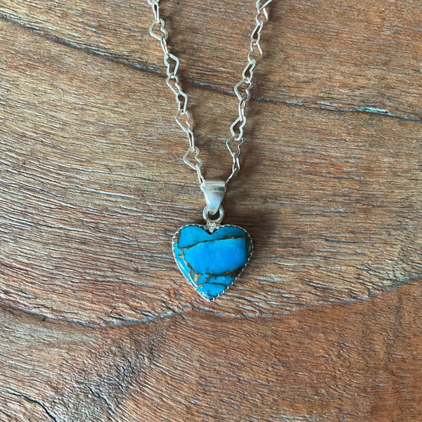 Turquoise Copper Heart-Shaped Pendant Necklace Silver Heart Chain - Stormie Art