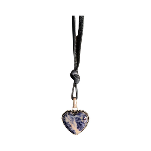 Sodalite Heart Pendant Necklace on Blue Leather Cord 925 Silver Jewelry