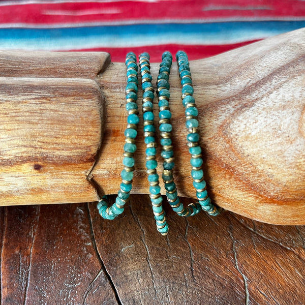 Emerald and Brass Hand Beaded Bracelet Gold - Filled Lobster Clasp