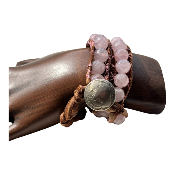 Self-Love Rose Quartz Bracelet Wrap with Genuine Bison Coin Button/Stormie Hand Made with Intentions