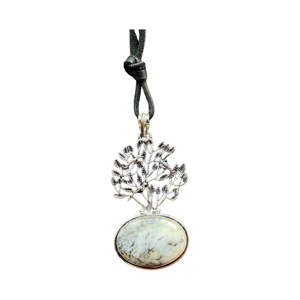 Dendrite Opal gemstone pendant necklace on leather stormie art front view