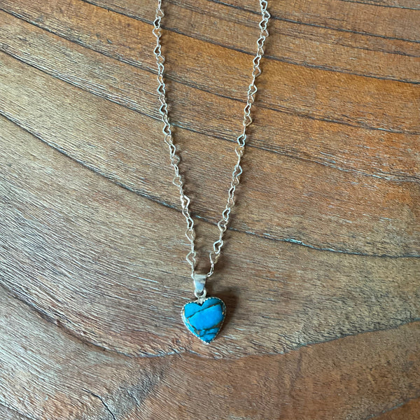 Turquoise Copper Heart-Shaped Pendant Necklace Silver Heart Chain - Stormie Art