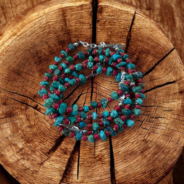 Turquoise Beaded Bracelet with Old Red White Heart Trade Beads
