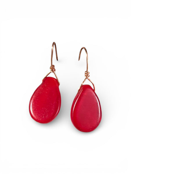Mali Wedding Bead Red Teardrop Earrings - 1920s Antique Glass & Copper
