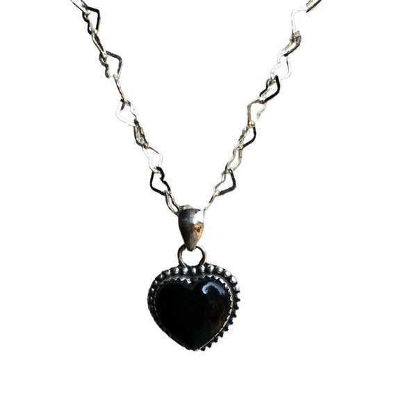Stormie Black Onyx Heart Necklace set in Sterling Silver with heart tiny chain
