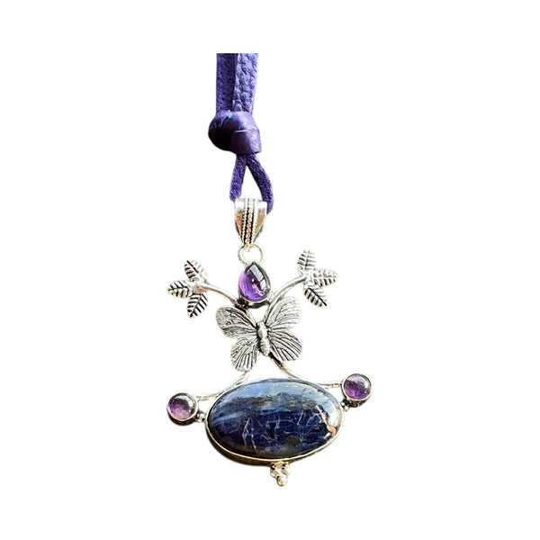 Sodalite Amethyst Gemstone Handmade Butterfly Pendant Necklace on Purple Leather Cord