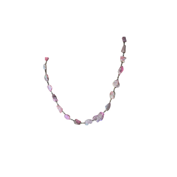 Raw pink Opal nugget necklace with antique seed beads lobster clasp closure 15 inches in length