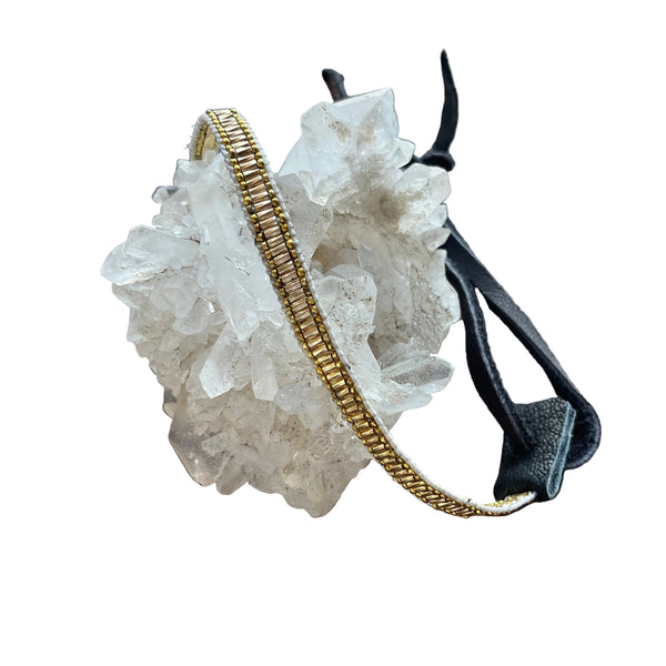 Gold Path Connects with Golden Light Mini Bracelet Stormie Original Handmade beaded design with twisted liquid gold-filled beads black leather & rare antique micro gold metal seed beads fits most sizes adjustable fit