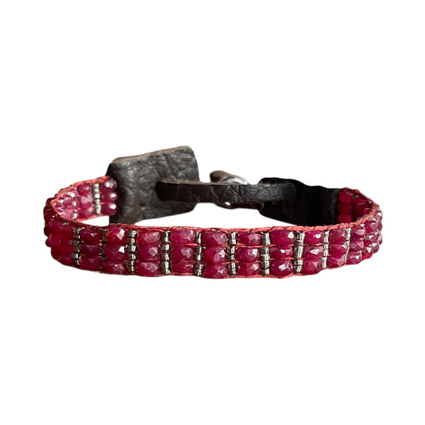 ruby bracelet stormie art front view hand beaded leather red sterling silver