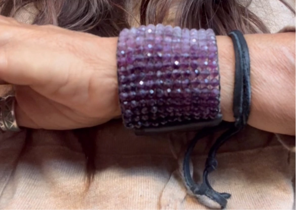 Fluoride Gemstone Hand-beaded Stormie Bracelet with her signature Leather Tie 2 inches wide cuff with Stormie signature tie