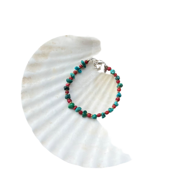 The warmth of red and turquoise is strengths and healing this Turquoise Nugget Beads & Red White Heart Trade Beads Copper Heishi Beaded Bracelet Clasp