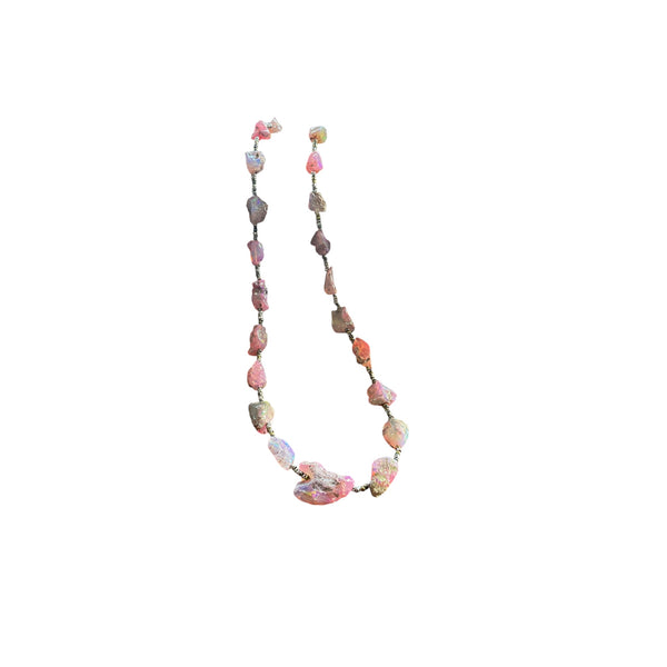 Raw pink Opal nugget necklace with antique seed beads lobster clasp closure 15 inches in length