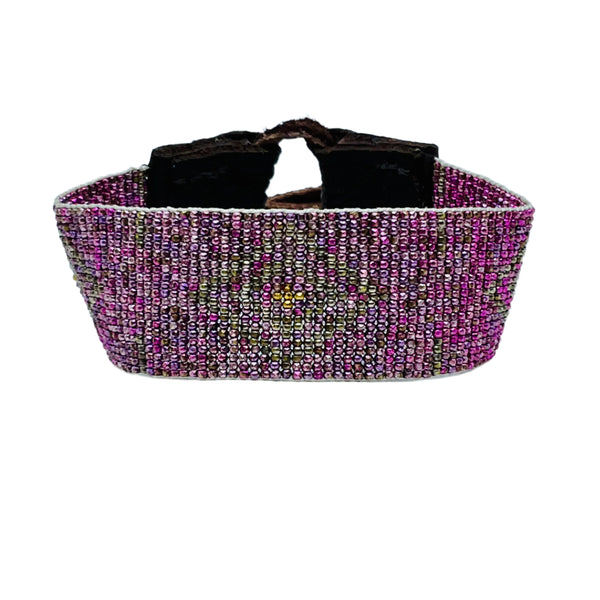 Pink Antique Micro Seed beaded Bracelet with Stormie Signature leather cuff 1 inch wide