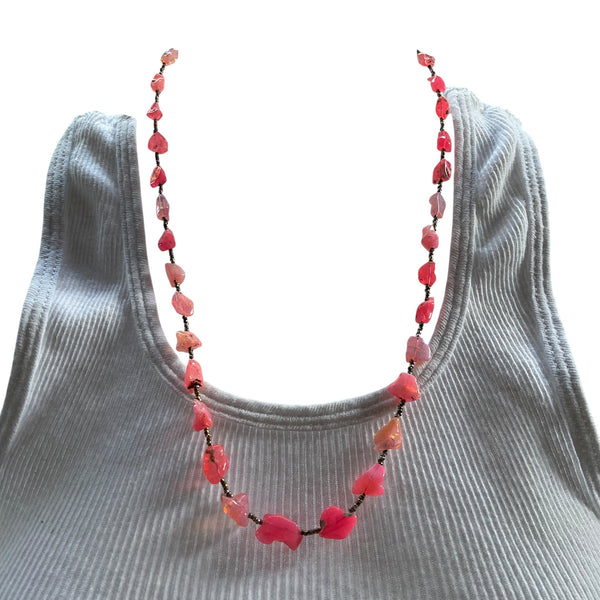 Raw Bright pink color opal nugget necklace 21 inches length antique seed beads lobster clasp closure