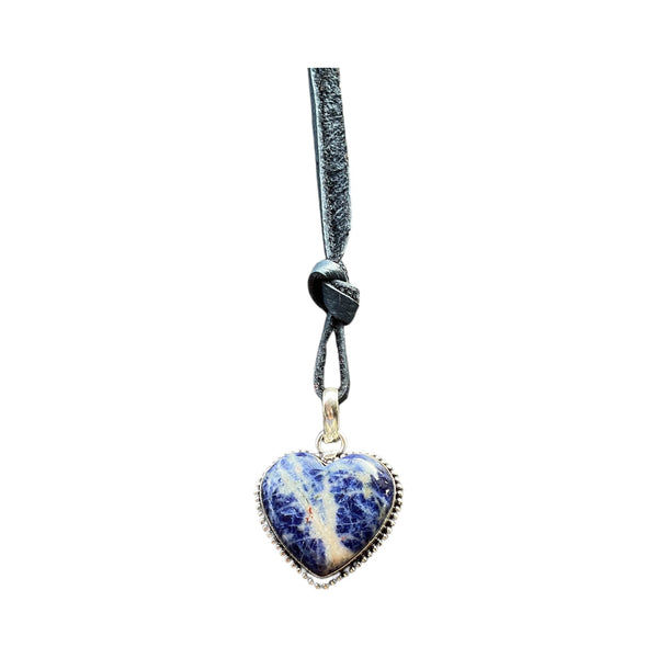 sodalite heart shaped pendant on cord front cord long 925 silver handmade