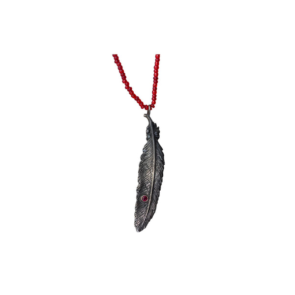 Silver Feather with Ruby stone set in 14k gold Necklace strung with vintage red glass beads and adjustable leather tie closure