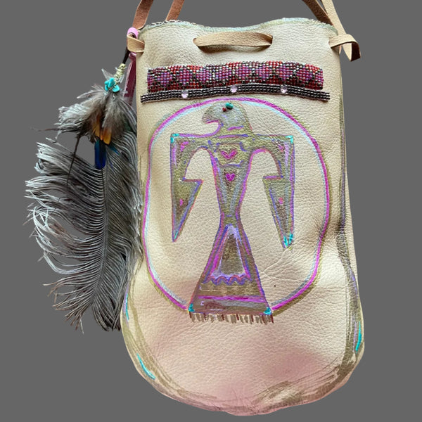 Rooted in Love Pouch Stormie Original Design with patch of Rose Quartz beadwork and antique seed beads custom hand made painted on leather