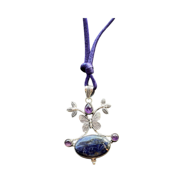 sodalite amethyst butterfly pendant necklace purple leather cord 38 inches