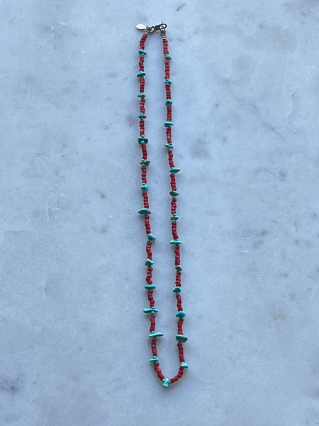 Antique Red White Heart Beads and Turquoise Nugget Beaded Necklace