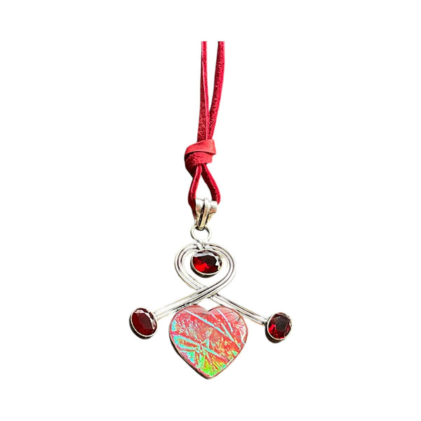 Bright Foil Iridescent PInk and Green Heart Pendant Necklace Garnet Stones and Red Leather Cord