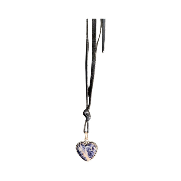 Sodalite Heart Pendant Necklace on Blue Leather Cord 925 Silver Jewelry