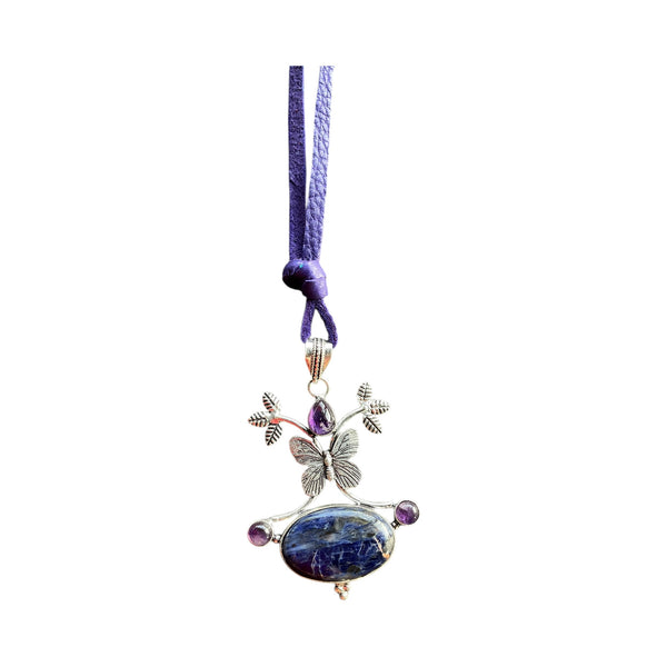 Sodalite Amethyst Gemstone Handmade Butterfly Pendant Necklace on Purple Leather Cord