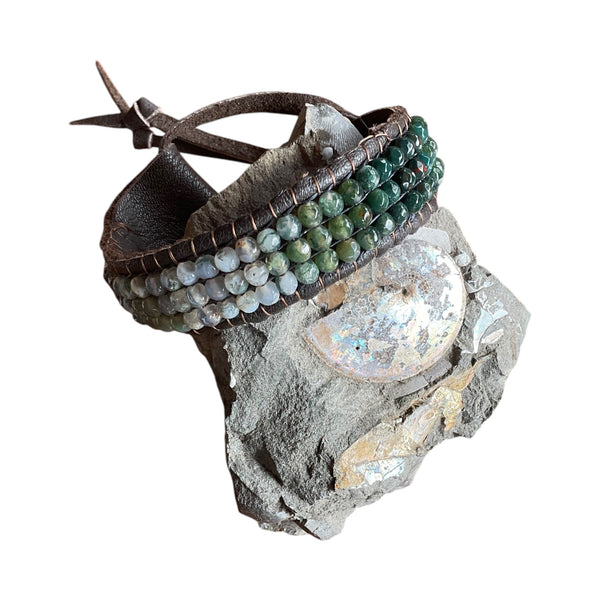 Green Agate Positive Bracelet Leather Handmade Wearable Art by Stormie Jewelry