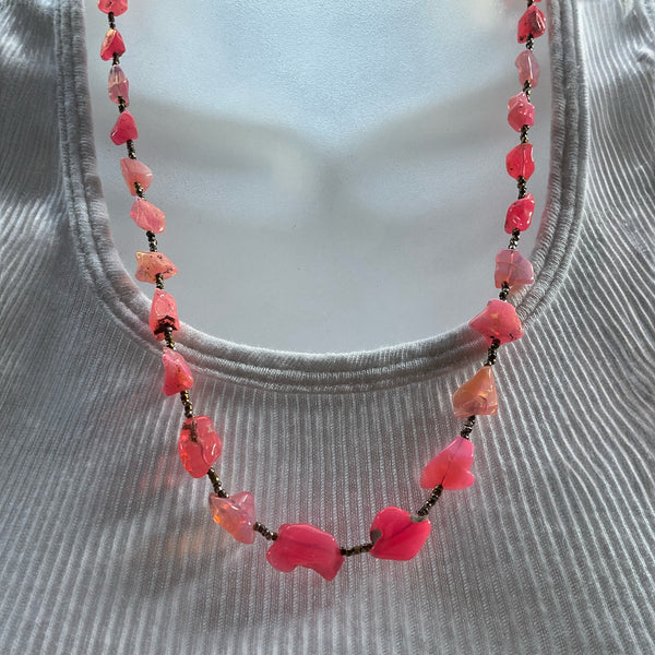 Raw Bright pink color opal nugget necklace 21 inches length antique seed beads lobster clasp closure