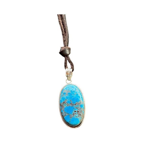 turquoise pendant on leather cord front view