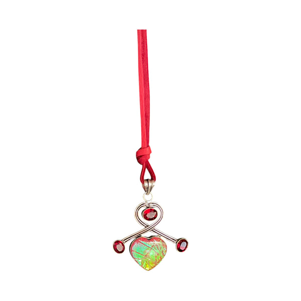 iridescent pink green heart pendant with garnet accents necklace on red leather cord 925 silver front view.