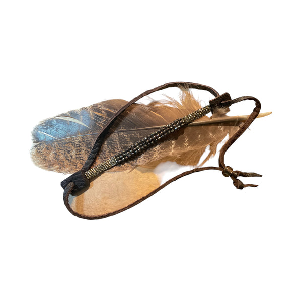 pyrite loom beaded bracelet leather stormie art front view