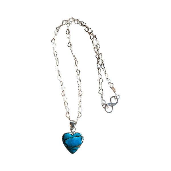 Turquoise Copper Heart-Shaped Pendant Necklace Silver Heart Chain - Stormie Art