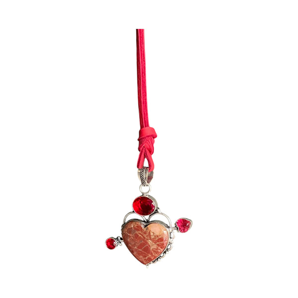 Poppy Jasper Heart Pendant Jewelry Necklace Garnet Accents Red Leather Cord 925 Silver