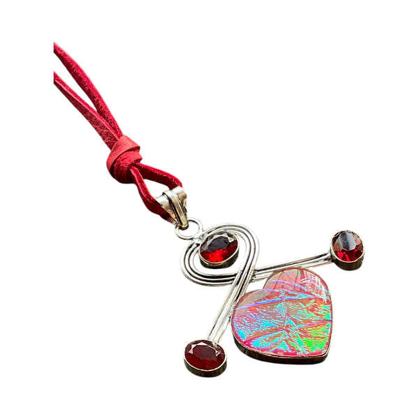 Bright Foil Iridescent PInk and Green Heart Pendant Necklace Garnet Stones and Red Leather Cord