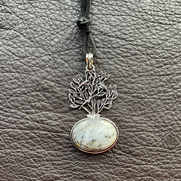 Dendrite Opal gemstone pendant necklace on leather stormie art