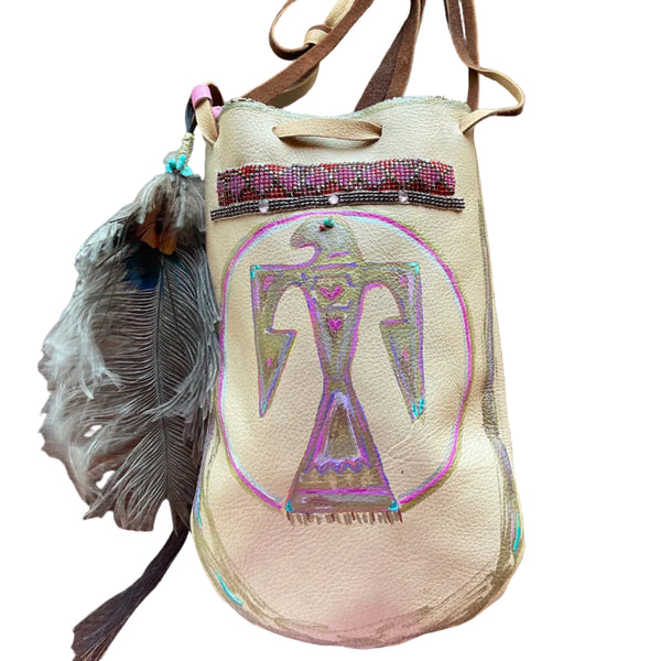 Rooted in Love Pouch Stormie Original Design with patch of Rose Quartz beadwork and antique seed beads custom hand made painted on leather