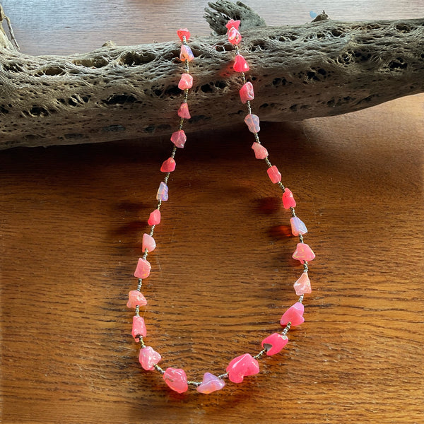 Raw Bright pink color opal nugget necklace 21 inches length antique seed beads lobster clasp closure