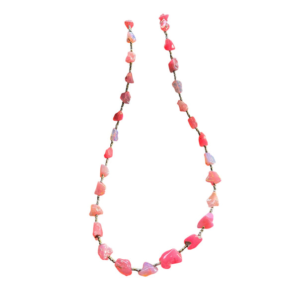 Raw Bright pink color opal nugget necklace 21 inches length antique seed beads lobster clasp closure