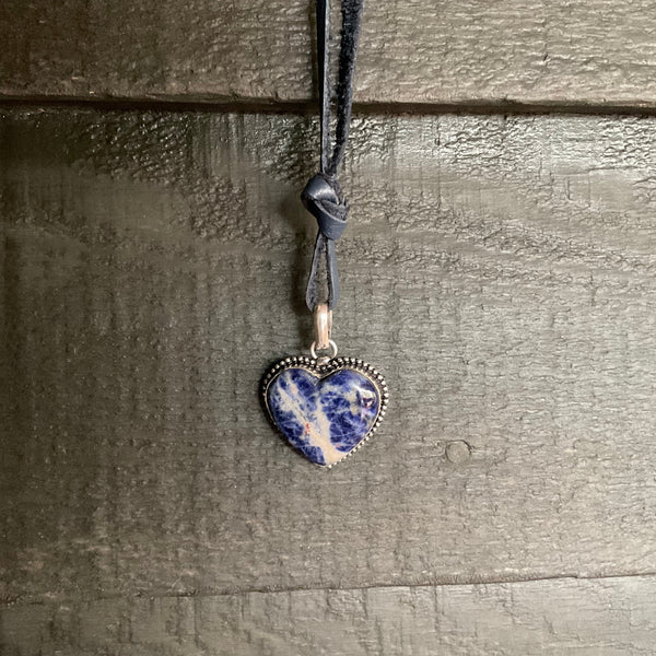 sodalite heart pendant on blue leather cord 925 silver