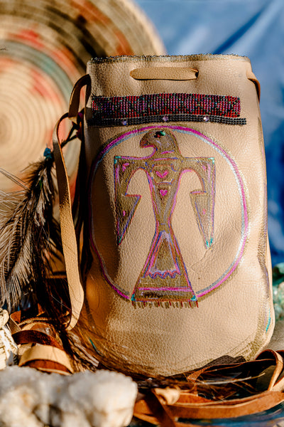 Rooted in Love Pouch Stormie Original Design with patch of Rose Quartz beadwork and antique seed beads custom hand made painted on leather