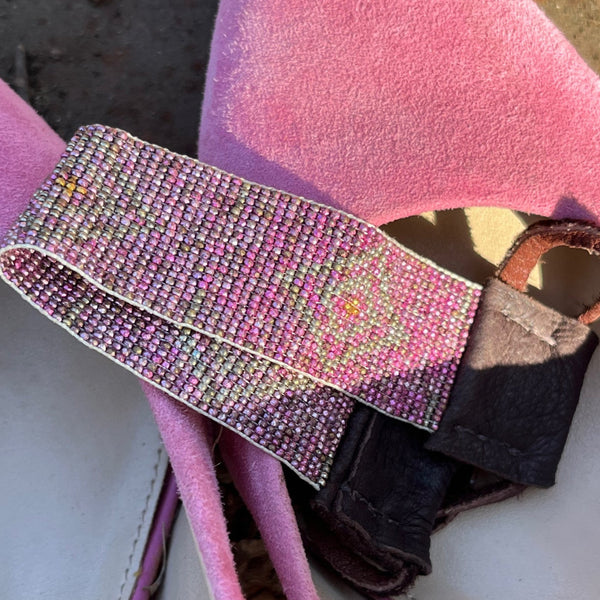 Pink Antique Micro Seed beaded Bracelet with Stormie Signature leather cuff 1 inch wide
