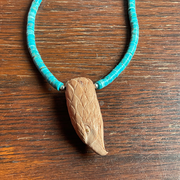 Carved Eagle Head Pendant with Turquoise and Sterling Silver Necklace