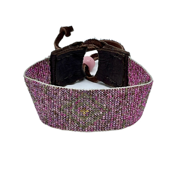 Pink Antique Micro Seed beaded Bracelet with Stormie Signature leather cuff 1 inch wide