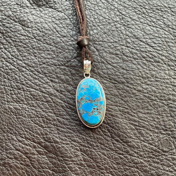 Turquoise Gemstone Pendant Necklace on Brown Leather Cord 925 Silver Jewelry